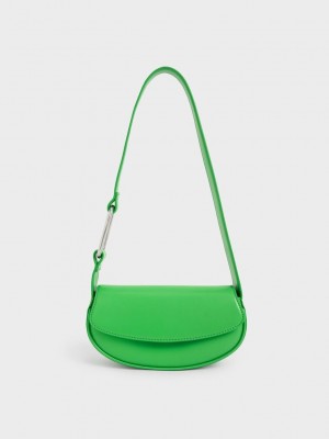 Charles & Keith Curved Front Flap Shoulder Bag Yeşil | IAOH-20431