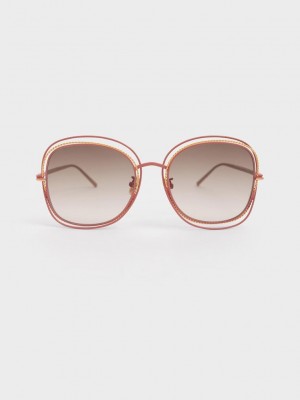 Charles & Keith Cut-Out Frame Metallic-Rimmed Butterfly Sunglasses Pembe | EYPM-75043