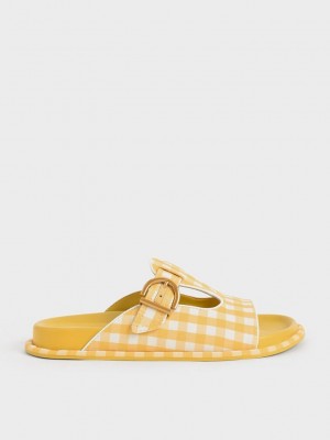 Charles & Keith Cut-Out Linen Gingham-Print Buckled Slides Sarı | RNDY-35981