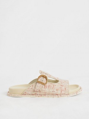 Charles & Keith Cut-Out Tweed Buckled Slides Krema | GMFK-48019