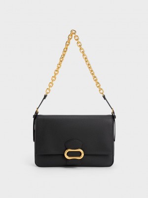 Charles & Keith Daki Belted Trapeze Bag Siyah | LTJA-58463