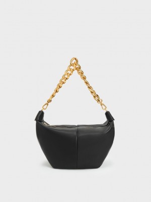 Charles & Keith Daki Chain Handle Hobo Bag Siyah | MAOT-57924