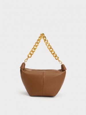 Charles & Keith Daki Chain Handle Hobo Bag Çikolata | BJMN-31205