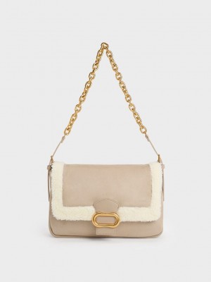 Charles & Keith Daki Fur-Trim Belted Trapeze Bag Bej Rengi | UVXK-82739