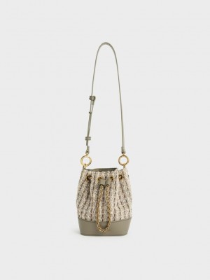 Charles & Keith Dancer Tıknaz Chain Tweed Bucket Bag Gri Kahverengi | ZDIK-17235