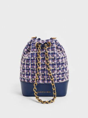Charles & Keith Dancer Tweed Drawstring Bucket Bag Lacivert | DEOQ-96713