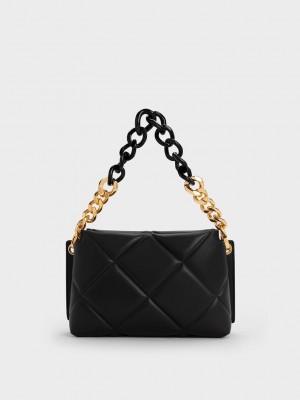 Charles & Keith Danika Tıknaz Chain Yastıklı Bag Siyah | FLPV-26173