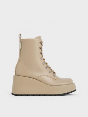 Charles & Keith Dantel-Up Platform Wedge Ankle Boots Gri Kahverengi | AVGT-12643
