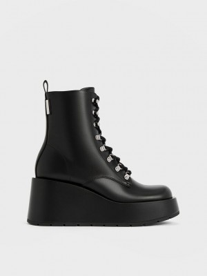 Charles & Keith Dantel-Up Platform Wedge Ankle Boots Siyah | RMPW-28573