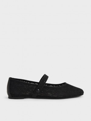 Charles & Keith Dantel & Mesh Mary Jane Ballerina Flats Siyah | OHQR-28679