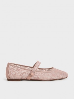 Charles & Keith Dantel & Mesh Mary Jane Ballerina Flats Pembe | ZPQH-04687