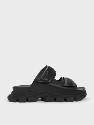 Charles & Keith Dash Double Askılı Slides Siyah | UKVW-32560