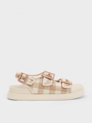 Charles & Keith Della Gingham Buckled Flatform Sandals Kahverengi | PHIV-61823