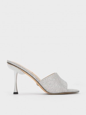 Charles & Keith Demi Glittered Metallic Heel Mules Gümüş | LMFB-80691