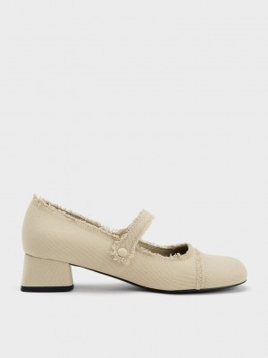 Charles & Keith Denim Block Heel Mary Janes Bej Rengi | EULD-52168