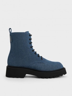 Charles & Keith Denim Dantel-Up Ankle Boots Mavi | PNVF-52746