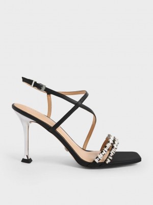 Charles & Keith Deri Gem-Embellished Askısı Sandals Siyah | QBCT-03245