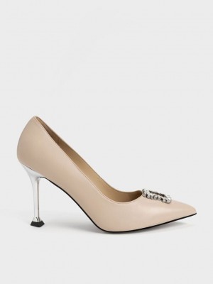 Charles & Keith Deri Gem-Embellished Pumps Bej Rengi | VYFO-12736