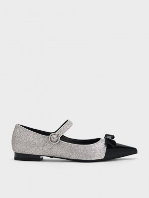 Charles & Keith Deri Glittered Bow Mary Jane Flats Gümüş | QIYU-62795