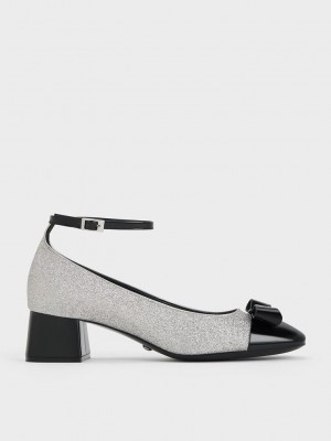 Charles & Keith Deri & Glitter Bow Ankle-Askılı Pumps Gümüş | DHMY-09245