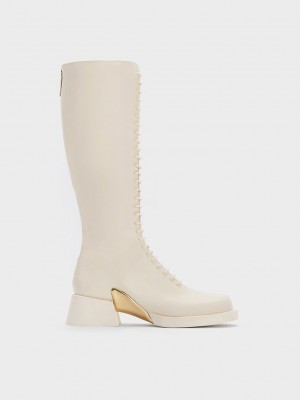 Charles & Keith Devon Metallic-Accent Dantel-Up Knee-High Boots Pembe | LINK-41257