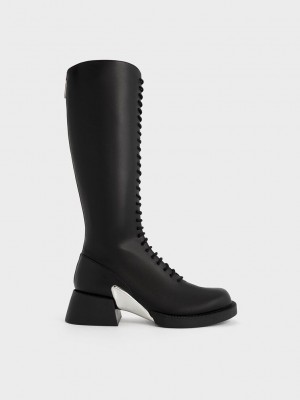 Charles & Keith Devon Metallic-Accent Dantel-Up Knee-High Boots Siyah | FWJB-75183
