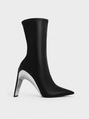 Charles & Keith Devon Metallic Blade-Heel Ankle Boots Siyah | NIQA-68257