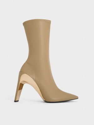 Charles & Keith Devon Metallic Blade-Heel Ankle Boots Gri Kahverengi | DMLY-60439