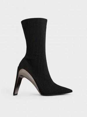 Charles & Keith Devon Metallic Çizgili Blade-Heel Ankle Boots Koyu Gri | UIND-86230