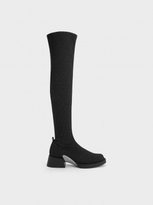 Charles & Keith Devon Çizgili Metallic-Accent Thigh-High Boots Koyu Gri | EIRB-03157
