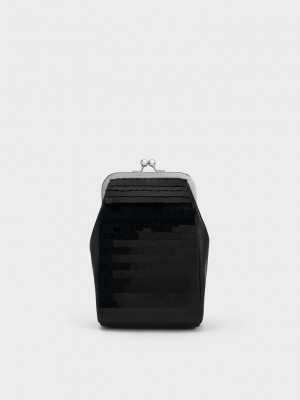 Charles & Keith Disc-Embellished Chain Handle Pouch Siyah | DZPE-98207