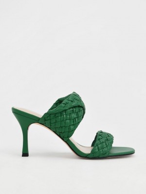 Charles & Keith Double Askılı Woven Topuklu Mules Yeşil | BVTL-24098