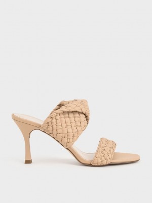 Charles & Keith Double Askılı Woven Topuklu Mules Bej Rengi | RSDT-52138