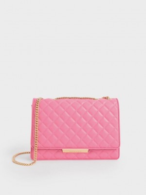 Charles & Keith Double Chain Handle Kapitone Bag Pembe | QJZU-14027