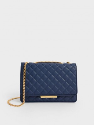 Charles & Keith Double Chain Handle Kapitone Bag Lacivert | HPUM-39872