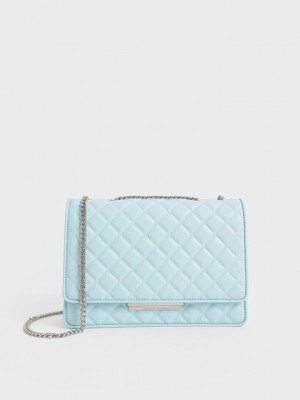 Charles & Keith Double Chain Handle Kapitone Bag Açık Mavi | TYCA-05372