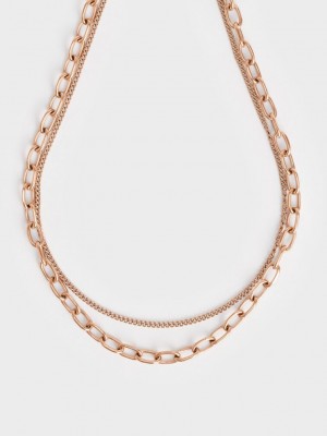 Charles & Keith Double Chain Necklace Pembe Altın | NVMP-95173