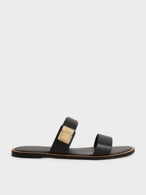 Charles & Keith Dove Metallic Tokalı Terlik Sandals Siyah | UXYO-90875