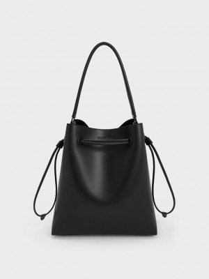 Charles & Keith Drawstring Hobo Bag Siyah | MVBH-95486