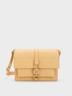 Charles & Keith Dua Buckled Crossbody Bag Bej Rengi | OTEA-70512