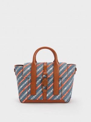 Charles & Keith Dua Çizgili Denim Buckled Trapeze Tote Renkli | IYKC-27849