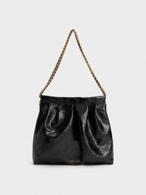 Charles & Keith Duo Double Chain Hobo Bag Siyah | VKMU-12038