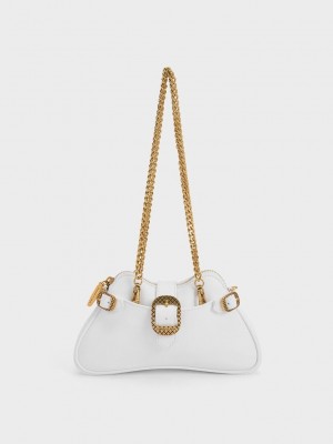 Charles & Keith Eilith Chain-Handle Buckled Bag Beyaz | WMCE-04976