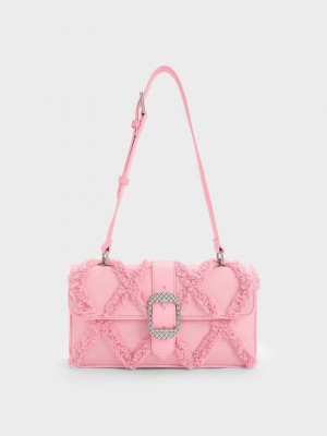 Charles & Keith Eilith Frayed Denim Buckled Bag Pembe | ETGC-23058