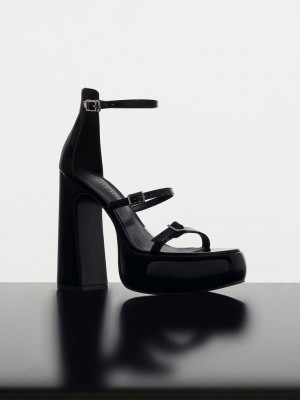 Charles & Keith Elvina Rugan Buckled Platform Sandals Siyah | NQHE-61497