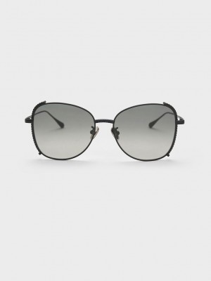 Charles & Keith Embellished Half-Frame Butterfly Sunglasses Siyah | PULF-16372