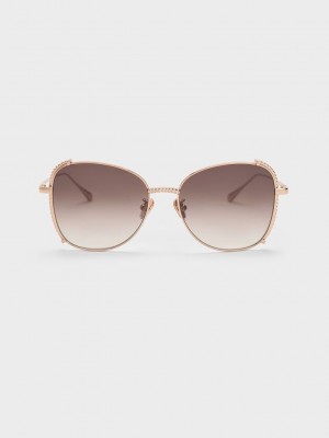 Charles & Keith Embellished Half-Frame Butterfly Sunglasses Pembe Altın | CSYJ-07415