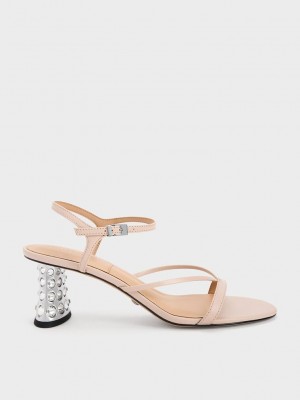 Charles & Keith Embellished Heel Deri Sandals Bej Rengi | ZPLA-49705