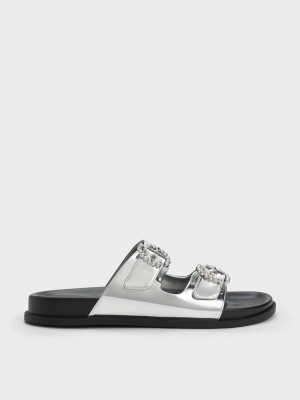 Charles & Keith Embellished Tokalı Metallic Sandals Gümüş | AKMC-75932