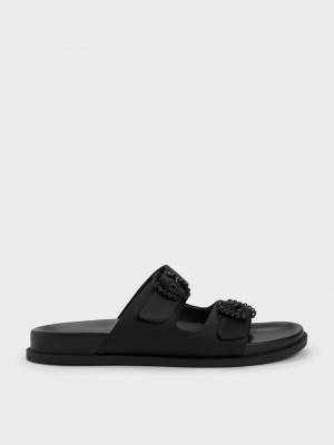 Charles & Keith Embellished Tokalı Recycled Polyester Sandals Siyah | UIGZ-69238